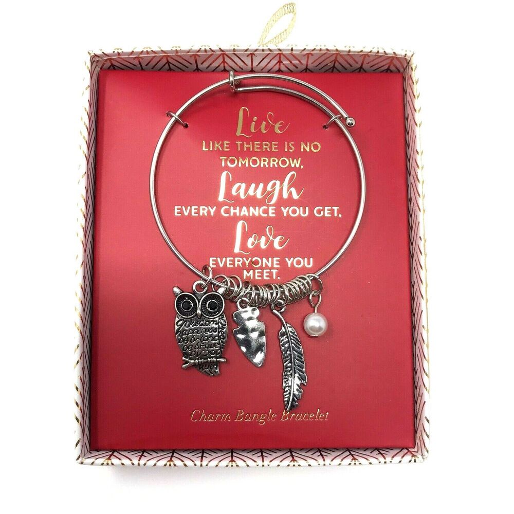 Charm Bangle Bracelet Silver-tone Owl, Arrow Head, and Feather